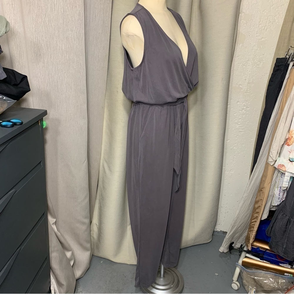 Dex Gray Hi Rise Jumpsuit Modal Blend Sz S Sleeveless Wrap V Neck Belted Romper - Picture 8 of 14